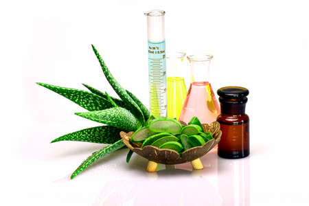 Aloe vera gel, essential oil, plant extract and vitamins, the secret recipe for facial, skin and hair anti-aging therapy displayed on white background.の写真素材