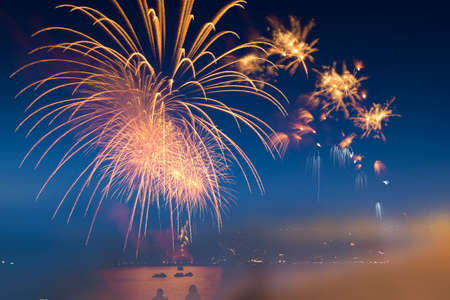 Colorful fireworks celebration and the twilight sky background and soft light tone.の写真素材