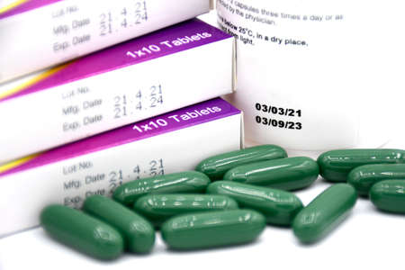 Manufacturing date and expiry date on some pharmaceutical packaging on white background.の写真素材