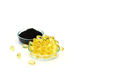Black sesame with sesame oil capsule, Dietary supplement for balamce of health and mental health.の写真素材
