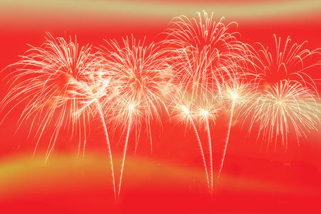 Gold fireworks celebration on red background for Chinese new year celebration.の写真素材