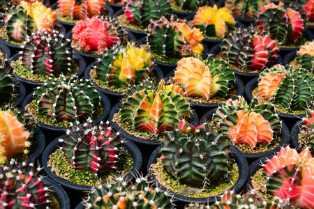 Colorful Gymnocalycium, variegated Gymnocalycium in open cactus farm.の写真素材