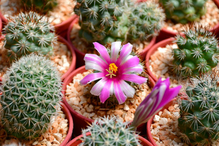 Mammillalia schumanii with pink and white flowers in open cactus farm.の写真素材
