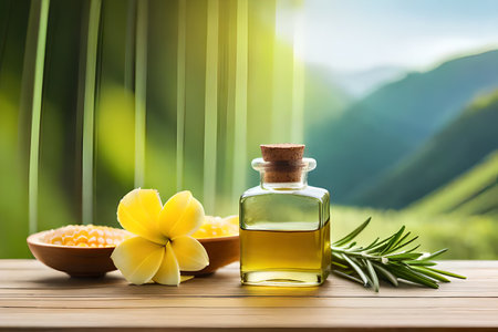 Spa concept with honeycomb, lemon, rosemary, cut Aloe vera, oil bottle, and frangipani flowers on wood table with blurred background. Generative AI illustration.の素材