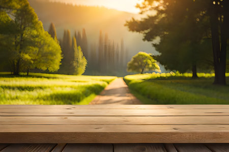 Perspective wood table and nature background with warm morning light tone for advertising and product display.. Generative AI illustration.の素材