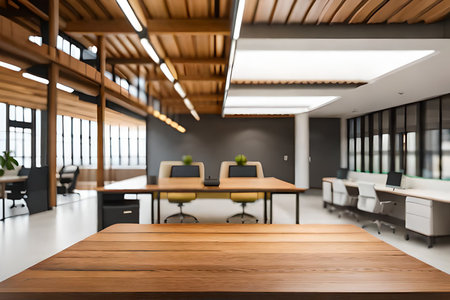Co working space with large room and rest area concept. Creative cooperate work space for startup mobile office. Generative AI illustration.の素材
