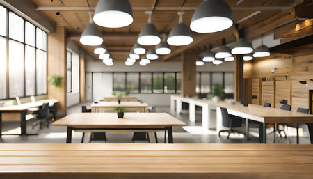 Co working space with large room and rest area concept. Creative cooperate work space for startup mobile office. Generative AI illustration.の素材