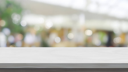 White table presentation, desk and blur background. Generative AI illustration.の素材