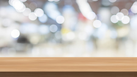 Wood table presentation, desk and blur background. Generative AI illustration.の素材