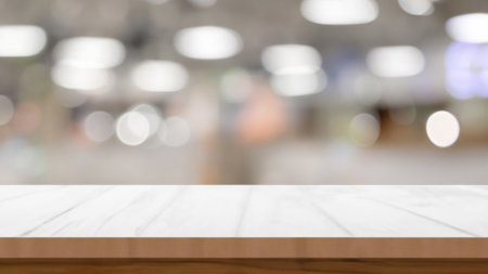 Wood table presentation, desk and blur background. Generative AI illustration.の素材