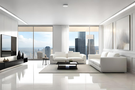 White luxury living room wiht large window. Generative AI illustration.の素材