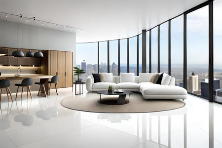 White luxury living room wiht large window. Generative AI illustration.の素材