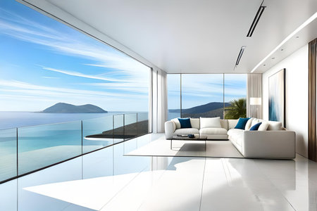 White luxury living room wiht large window. Generative AI illustration.の素材