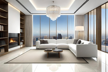 White luxury living room wiht large window. Generative AI illustration.の素材