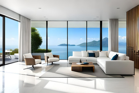 White luxury living room wiht large window. Generative AI illustration.の素材