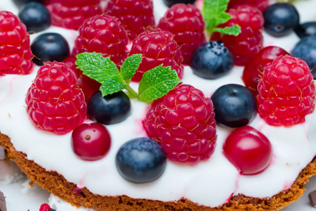 Fresh and organic strawberry, blueberry, raspberry and mint leaves on the top of pastry. Generative AI illustration.の素材