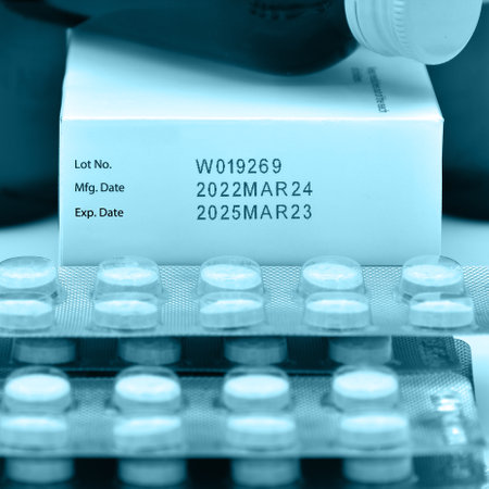 Manufacturing date and expiry date on some pharmaceutical packaging which write year in full form for prevent misunderstanding.の写真素材