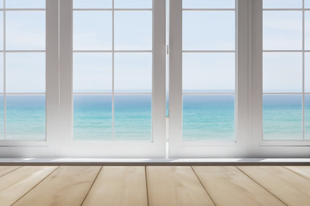 White room with light tone wood floor and big window with sea view.Generative AI illustration.の素材