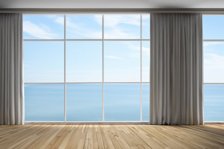 White room with light tone wood floor and big window with sea view.Generative AI illustration.の素材
