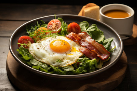 Breakfast with pan fried egg, sausage, bacon, salad serve with bread, hot coffee and soup displayed on wood table with natural light. Generative AIの素材