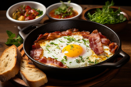 Breakfast with pan fried egg, sausage, bacon, salad serve with bread, hot coffee and soup displayed on wood table with natural light. Generative AIの素材