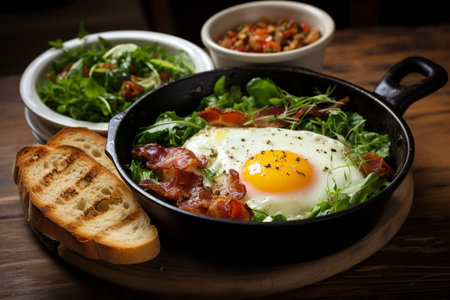 Breakfast with pan fried egg, sausage, bacon, salad serve with bread, hot coffee and soup displayed on wood table with natural light. Generative AIの素材