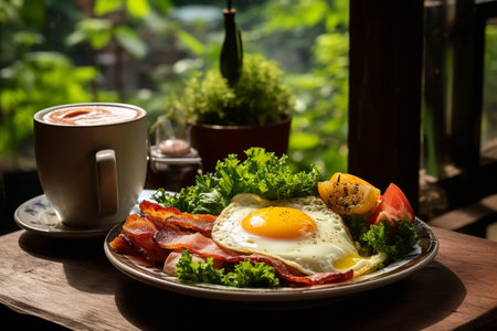 Breakfast with pan fried egg, sausage, bacon, salad serve with bread, hot coffee and soup displayed on wood table with natural light. Generative AIの素材
