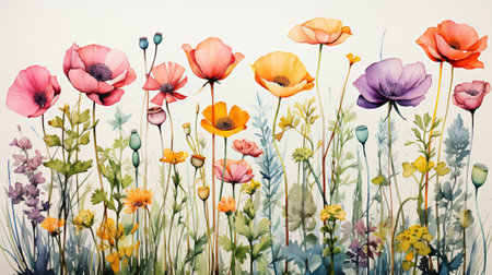 Watercolor painting of little flowers in spring medow on white background.Generative AI.の素材