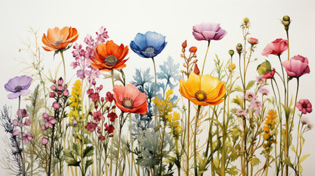 Watercolor painting of little flowers in spring meadow on white background.Generative AI.の素材