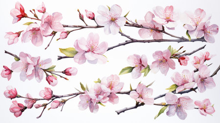 Watercolor painting of cherry blossom flowers isolated on white background. Generative AI.の素材