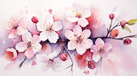 Watercolor painting of cherry blossom flowers isolated on white background. Generative AI.の素材