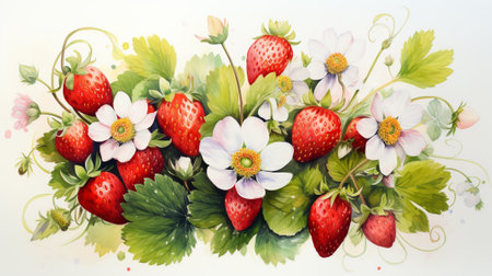Various watercolor painting of strawberry, white background, isolated. Generative AI.の素材