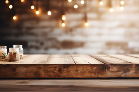 Wood table for products displayed with blurred room background and natural warm light. Generative AI.の素材
