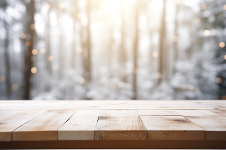 Wood table for products displayed with blurred room background and natural warm light. Generative AI.の素材