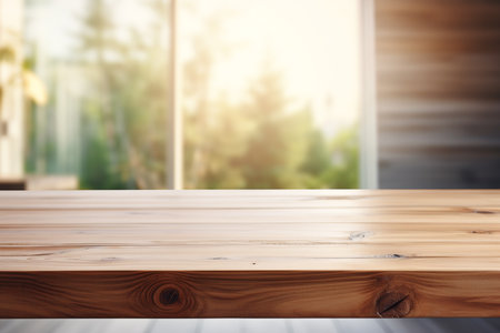 Wood table for products displayed with blurred room background and natural warm light. Generative AI.の素材