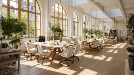 Coworking space with large room and rest area concept. Creative cooperate work space for startup mobile office. Generative AI illustration.の素材