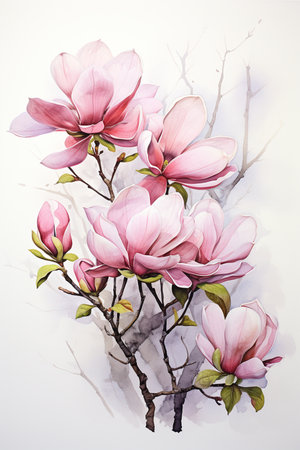 Pink Magnolia watercolor painting isolated on white background. Generative AI.の素材