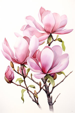 Pink Magnolia or tulip tree in watercolor painting isolated on white background. Generative AI.の素材