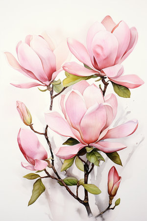 Pink Magnolia or tulip tree in watercolor painting isolated on white background. Generative AI.の素材