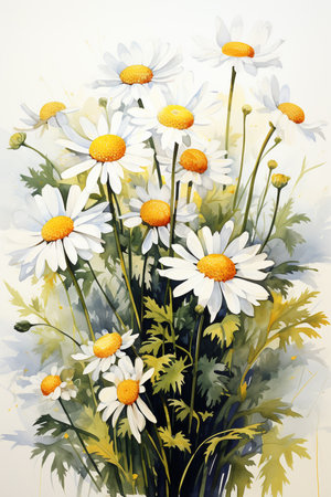 Roman Chamomile in watercolor painting isolated on white background. Generative AI.の素材