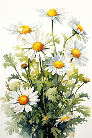 Roman Chamomile in watercolor painting isolated on white background. Generative AI.の素材