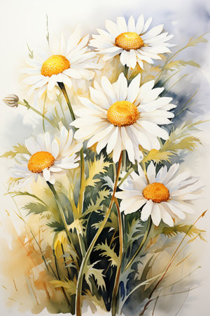 Roman Chamomile in watercolor painting isolated on white background. Generative AI.の素材