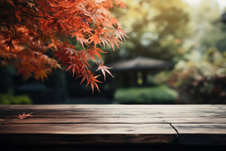 old wood table with scene of autumn Japanese maple tree background. Generative AI.の素材