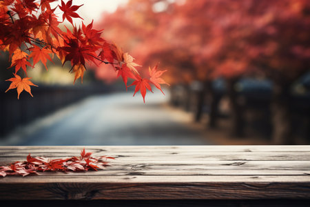 old wood table with scene of autumn Japanese maple tree background. Generative AI.の素材