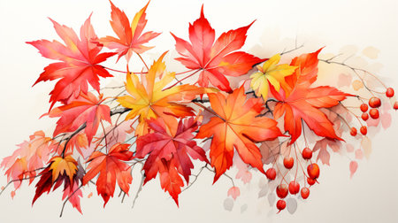 Watercolor painting fully red Maple leaves in Autumn with warm autumn sun light. Generative AI.の素材