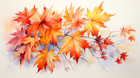 Watercolor painting fully red Maple leaves in Autumn with warm autumn sun light. Generative AI.の素材