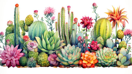 Watercolor illustration of cute cactus and succulents isolated on white background. Generative AI.の素材