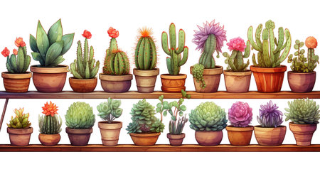 Watercolor illustration of cute cactus and succulents isolated on white background. Generative AI.の素材
