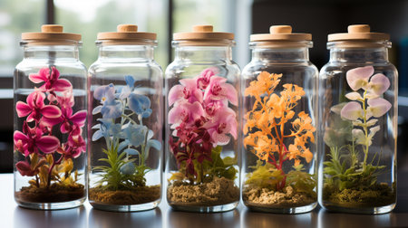Orchids from tissue culture technology grows in glass bottle. Generative AI.の素材