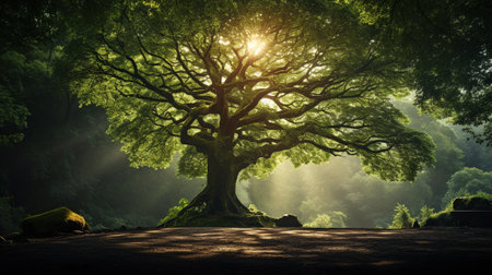 Very big green tree with long branches in warm light. Generative AI.の素材